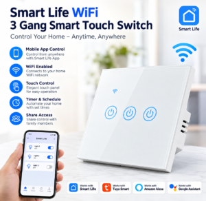 Smart Life WiFi 3 Gang Smart Touch Switch – Mobile App Remote Control